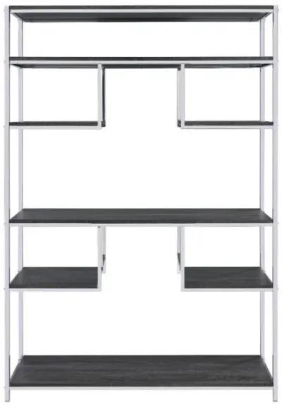 Etagere Bookshelf with 7 Shelves and Geometric Pattern,Silver and Dark Gray-Benzara