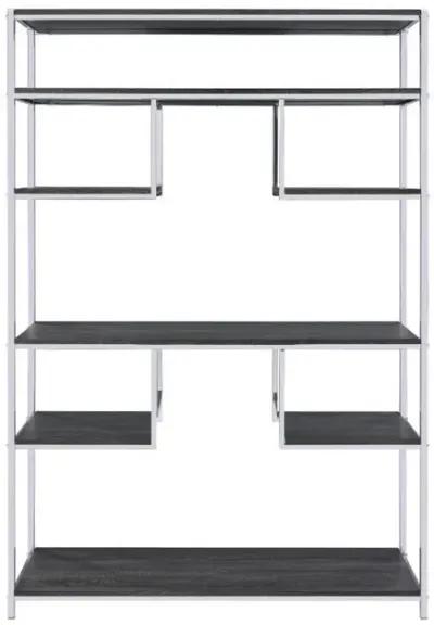 Etagere Bookshelf with 7 Shelves and Geometric Pattern,Silver and Dark Gray-Benzara