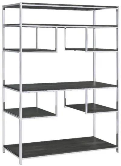 Etagere Bookshelf with 7 Shelves and Geometric Pattern,Silver and Dark Gray-Benzara