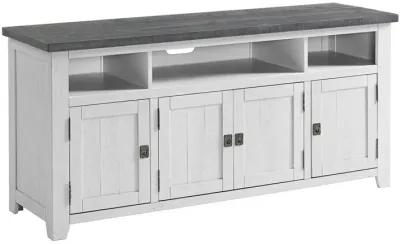 TV Stand with 3 Cabinets and 3 Cubbies, White and Gray-Benzara