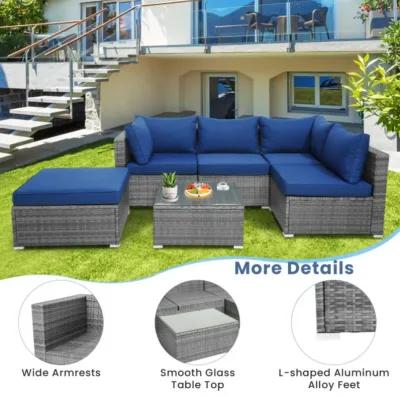 Hivvago 6 Pieces Outdoor Rattan Sofa Set with Seat and Back Cushions-Navy