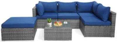 Hivvago 6 Pieces Outdoor Rattan Sofa Set with Seat and Back Cushions-Navy