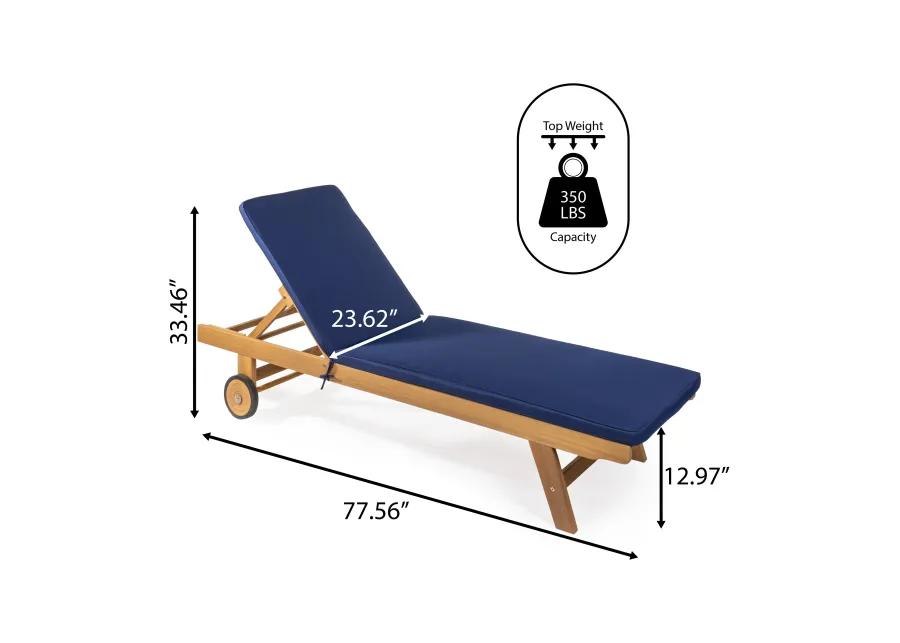 Mallorca 77.56"x23.62" Modern Classic Adjustable Acacia Wood Chaise Outdoor Lounge Chair with Cushion & Wheels, Orange/Natural