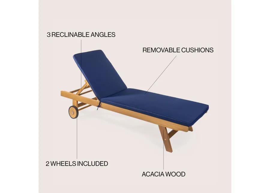 Mallorca 77.56"x23.62" Modern Classic Adjustable Acacia Wood Chaise Outdoor Lounge Chair with Cushion & Wheels, Orange/Natural