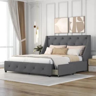 Upholstered Platform Bed With Wingback Tufted Headboard And 4 Drawers, No Box Spring Needed