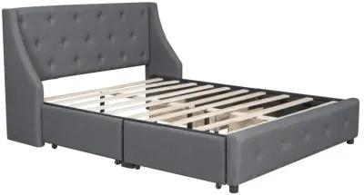 Upholstered Platform Bed With Wingback Tufted Headboard And 4 Drawers, No Box Spring Needed