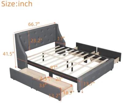 Upholstered Platform Bed With Wingback Tufted Headboard And 4 Drawers, No Box Spring Needed