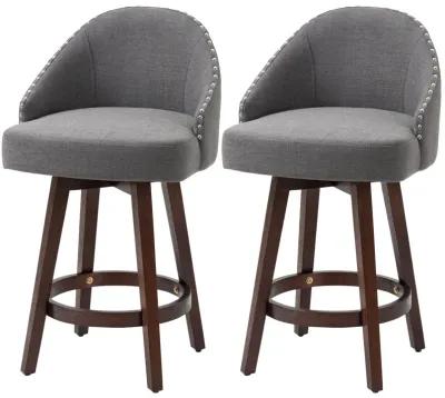 HOMCOM 26" Counter Height Bar Stools, Linen Fabric Kitchen Stools with Nailhead Trim, Rubber Wood Legs and Footrest for Dining Room, Counter, Pub, Set of 2, Dark Gray