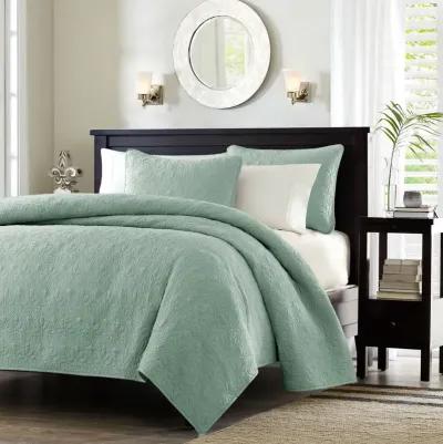 QuikFurn King size Seafoam Green Blue Coverlet Set with Quilted Floral Pattern