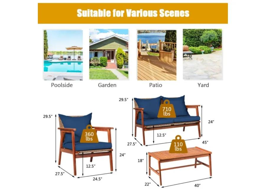 Hivvago 4 Piece Acacia Wood Patio Rattan Furniture Set