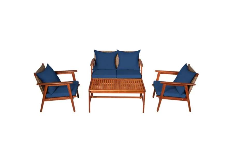 Hivvago 4 Piece Acacia Wood Patio Rattan Furniture Set