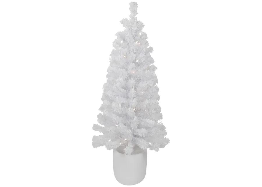 3.5' Pre-Lit Potted Flocked Winter Pine White Tinsel Artificial Christmas Tree  Clear Lights