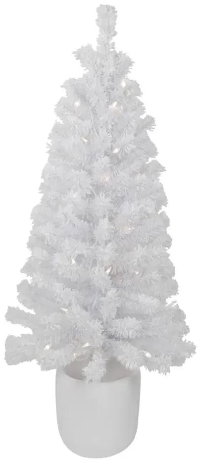 3.5' Pre-Lit Potted Flocked Winter Pine White Tinsel Artificial Christmas Tree  Clear Lights