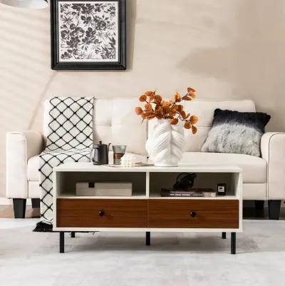 2 Tier 40 Inch Length Modern Rectangle Coffee Table with Storage Shelf and Drawers-White