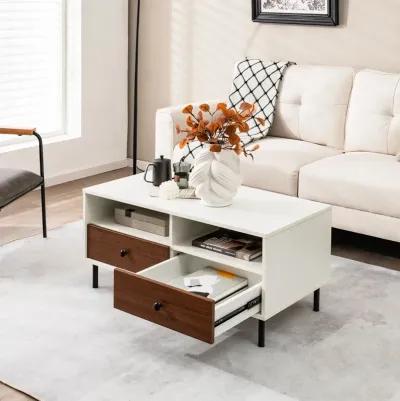 2 Tier 40 Inch Length Modern Rectangle Coffee Table with Storage Shelf and Drawers-White