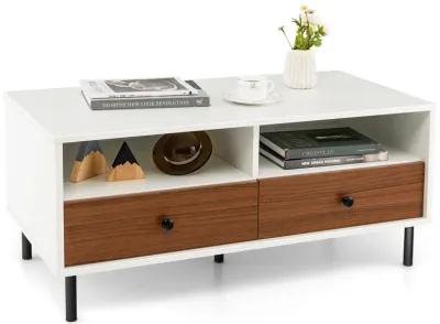 2 Tier 40 Inch Length Modern Rectangle Coffee Table with Storage Shelf and Drawers-White