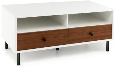 2 Tier 40 Inch Length Modern Rectangle Coffee Table with Storage Shelf and Drawers-White