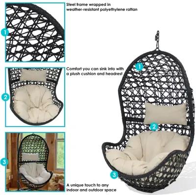 Sunnydaze Black Resin Wicker Basket Hanging Egg Chair with Cushions