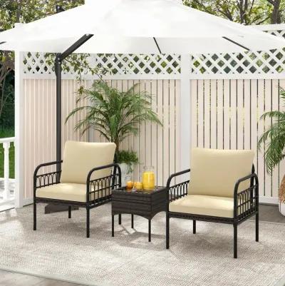 3 Pieces Patio Wicker Conversation Set with Cushions and Tempered Glass Coffee Table-Beige