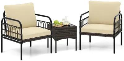 3 Pieces Patio Wicker Conversation Set with Cushions and Tempered Glass Coffee Table-Beige