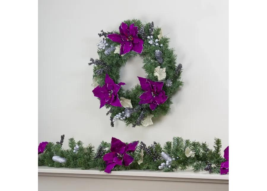 Purple Poinsettia and Silver Pine Cone Artificial Christmas Wreath - 24-Inch  Unlit