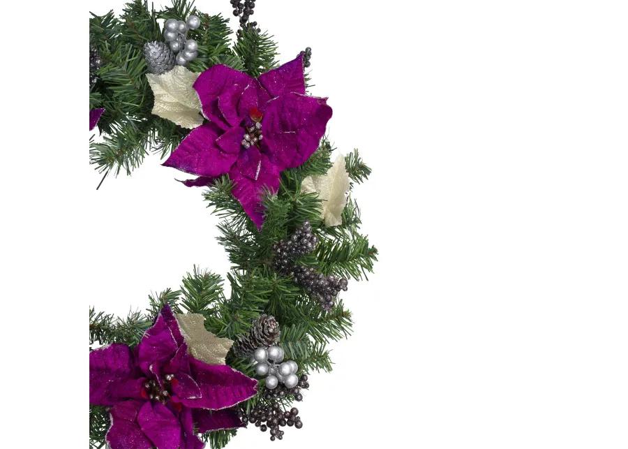 Purple Poinsettia and Silver Pine Cone Artificial Christmas Wreath - 24-Inch  Unlit