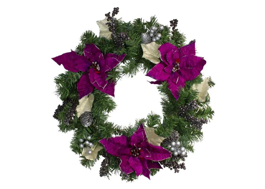 Purple Poinsettia and Silver Pine Cone Artificial Christmas Wreath - 24-Inch  Unlit