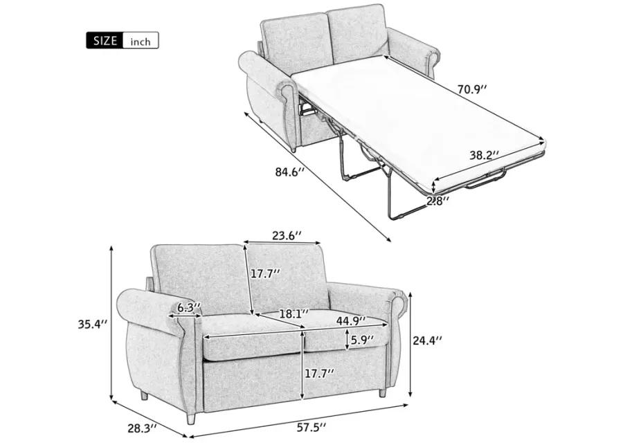 57.5" Pull Out Sofa Bed Loveseat Sleeper With Twin Size Memory Mattress For Living Room Spaces, Gray