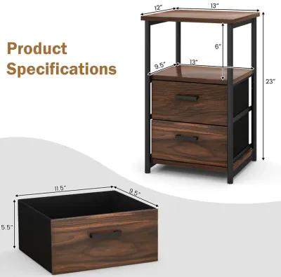 3-Tier Retro Nightstand with 2 Removable Fabric Drawers and Open Shelf-Walnut