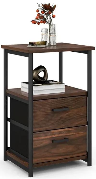 3-Tier Retro Nightstand with 2 Removable Fabric Drawers and Open Shelf-Walnut