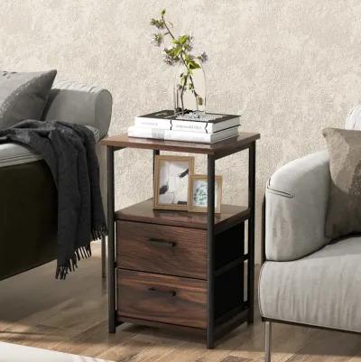 3-Tier Retro Nightstand with 2 Removable Fabric Drawers and Open Shelf-Walnut