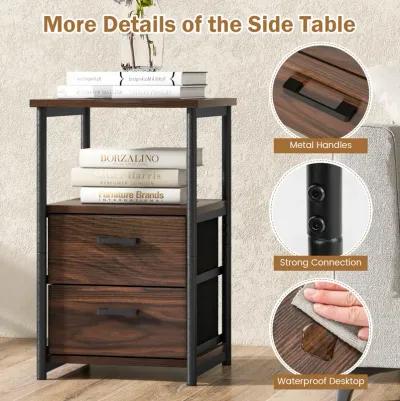 3-Tier Retro Nightstand with 2 Removable Fabric Drawers and Open Shelf-Walnut