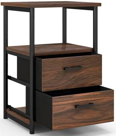 3-Tier Retro Nightstand with 2 Removable Fabric Drawers and Open Shelf-Walnut