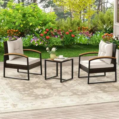 3 Piece Patio Conversation Set with Solid Acacia Wood  Armrests and Tabletop-White