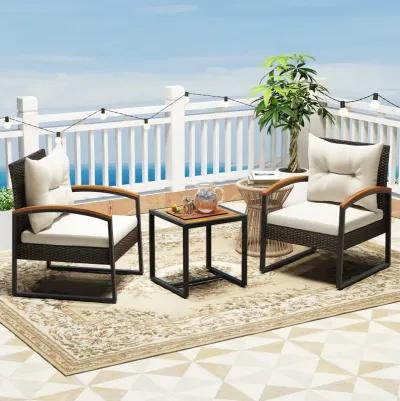 3 Piece Patio Conversation Set with Solid Acacia Wood  Armrests and Tabletop-White