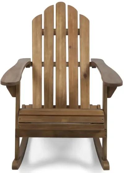 Outdoor Adirondack Rocking Chair, Slatted Back, Slope Arms, Dark Brown Wood