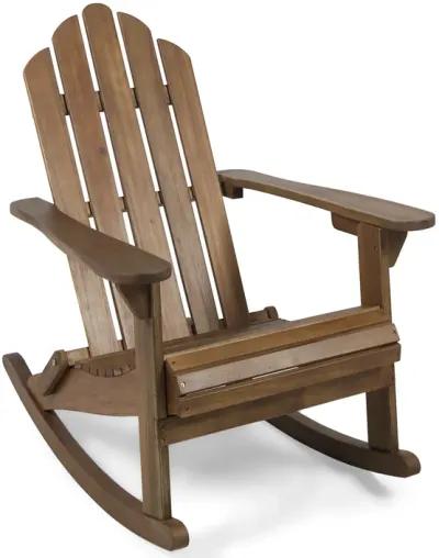 Outdoor Adirondack Rocking Chair, Slatted Back, Slope Arms, Dark Brown Wood