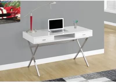 Monarch Specialties I 7211 Computer Desk, Home Office, Laptop, Storage Drawers, 48"L, Work, Metal, Laminate, Glossy White, Chrome, Contemporary, Modern