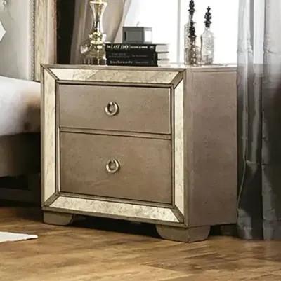 Glam Champagne Gray Finish 1 Piece Nightstand Antique Mirror Panels Ring Pull Handles Bedroom Furniture