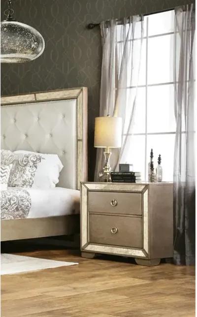 Glam Champagne Gray Finish 1 Piece Nightstand Antique Mirror Panels Ring Pull Handles Bedroom Furniture