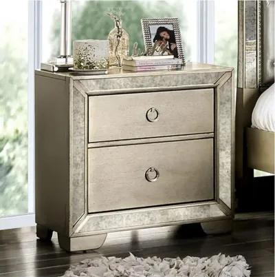 Glam Champagne Gray Finish 1 Piece Nightstand Antique Mirror Panels Ring Pull Handles Bedroom Furniture