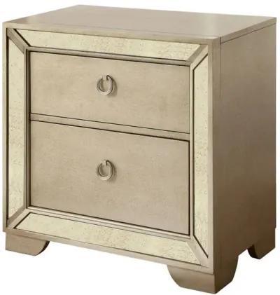 Glam Champagne Gray Finish 1 Piece Nightstand Antique Mirror Panels Ring Pull Handles Bedroom Furniture