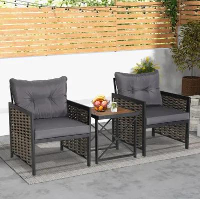 3 Piece Patio Rattan Furniture Set with Acacia Wood Tabletop