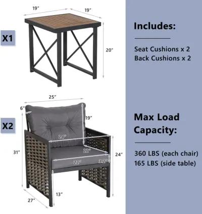 3 Piece Patio Rattan Furniture Set with Acacia Wood Tabletop