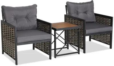 3 Piece Patio Rattan Furniture Set with Acacia Wood Tabletop