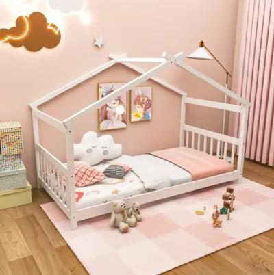 Hivvago Twin Size Wooden House Bed with Roof