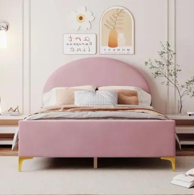 Full Size Upholstered Platform Bed with Classic Semicircle Shaped headboard and Mental Legs, Velvet, Pink