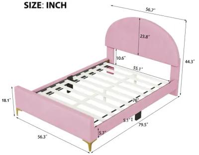 Full Size Upholstered Platform Bed with Classic Semicircle Shaped headboard and Mental Legs, Velvet, Pink