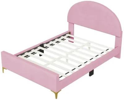 Full Size Upholstered Platform Bed with Classic Semicircle Shaped headboard and Mental Legs, Velvet, Pink