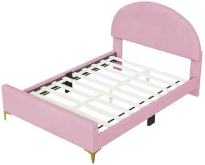 Full Size Upholstered Platform Bed with Classic Semicircle Shaped headboard and Mental Legs, Velvet, Pink